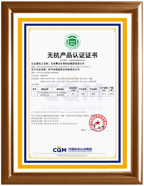 Panbao Fresh Egg Antibiotic-free Product Certification Certificate